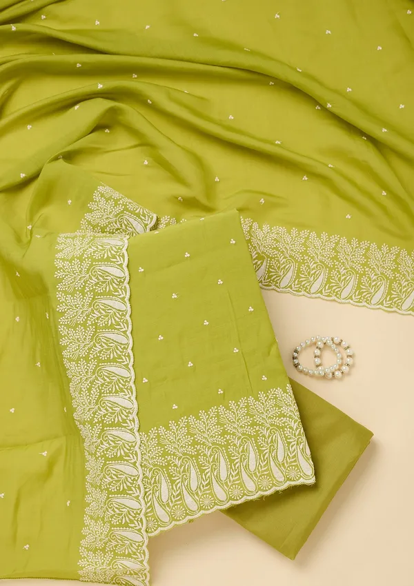 Lime_Green_Threadwork_Chanderi_Unstitched_Salwar_Suit