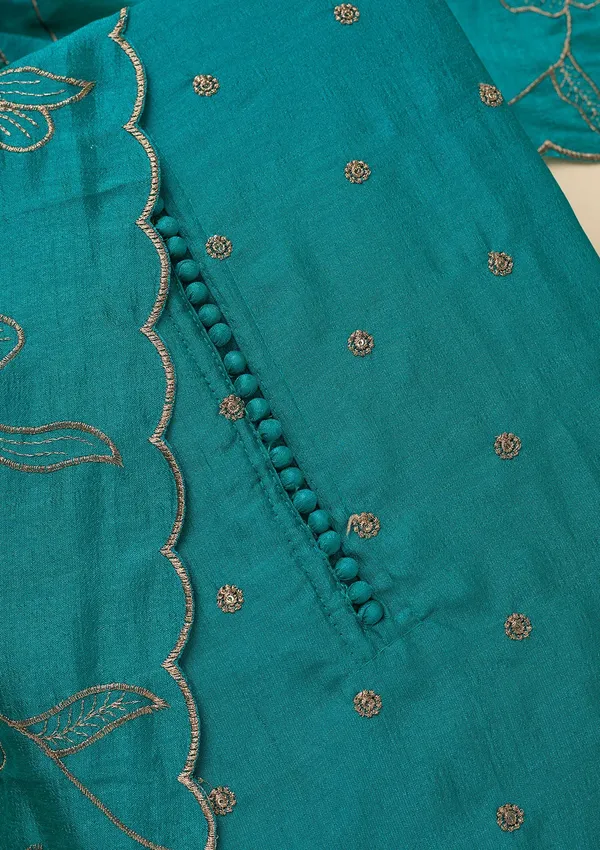 Peacock_Green_Zariwork_Gold_Soft_Raw_Silk_Unstitched_Salwar_Suit