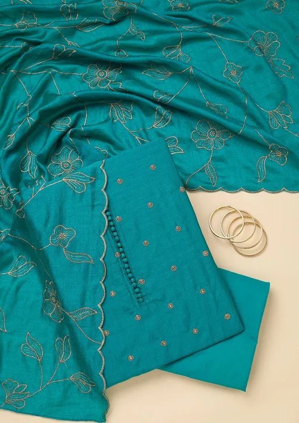 Peacock_Green_Zariwork_Gold_Soft_Raw_Silk_Unstitched_Salwar_Suit