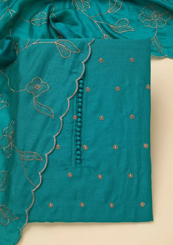 Peacock_Green_Zariwork_Gold_Soft_Raw_Silk_Unstitched_Salwar_Suit