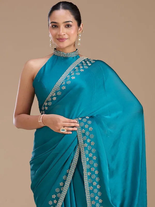 Blue_Chiffon_Gold_Stonework_Saree_With_Matching_Blouse_Piece