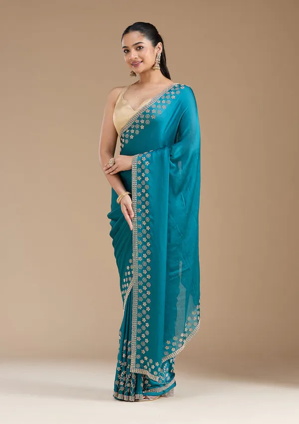 Blue_Chiffon_Gold_Stonework_Saree_With_Matching_Blouse_Piece