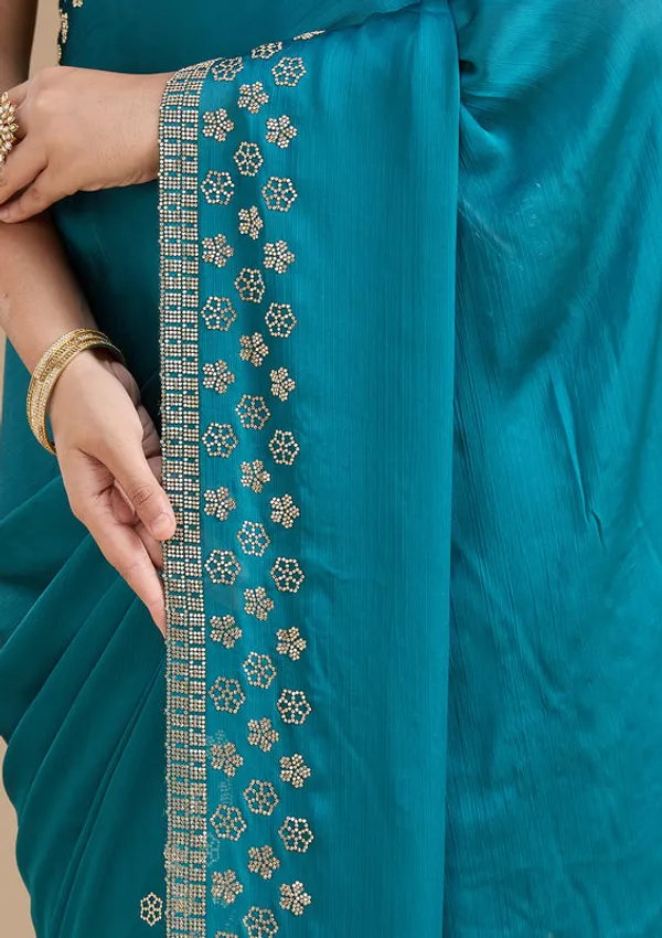 Blue_Chiffon_Gold_Stonework_Saree_With_Matching_Blouse_Piece