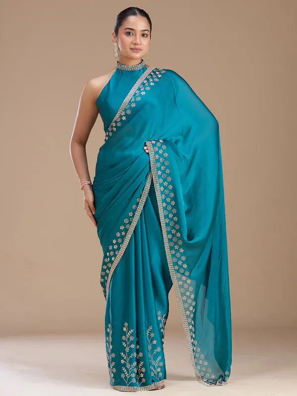 Blue_Chiffon_Gold_Stonework_Saree_With_Matching_Blouse_Piece