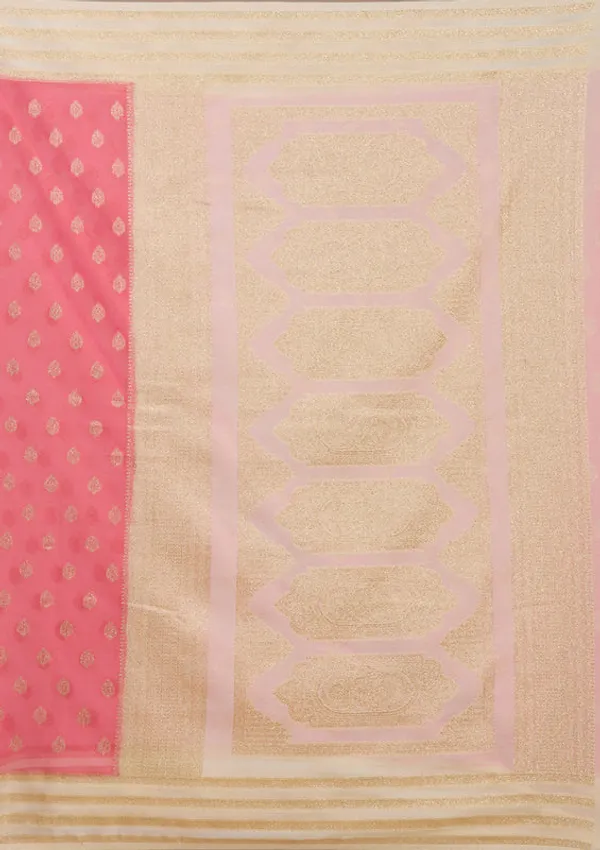 Peach_Georgette_Buti_Gold_Zariwork_Saree_With_Matching_Blouse_Piece