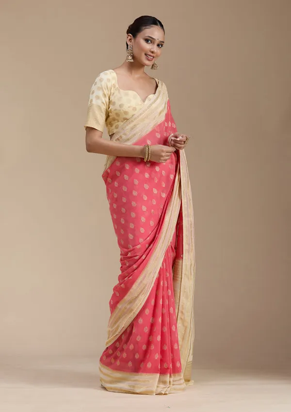Peach_Georgette_Buti_Gold_Zariwork_Saree_With_Matching_Blouse_Piece