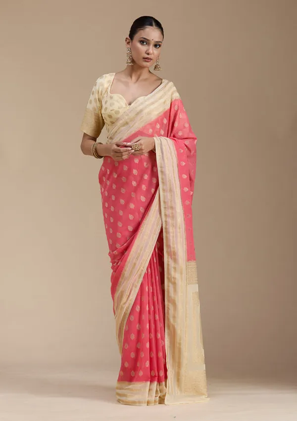 Peach_Georgette_Buti_Gold_Zariwork_Saree_With_Matching_Blouse_Piece