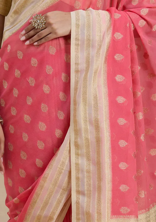 Peach_Georgette_Buti_Gold_Zariwork_Saree_With_Matching_Blouse_Piece