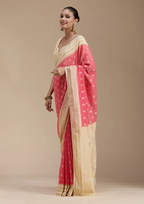Peach_Georgette_Buti_Gold_Zariwork_Saree_With_Matching_Blouse_Piece