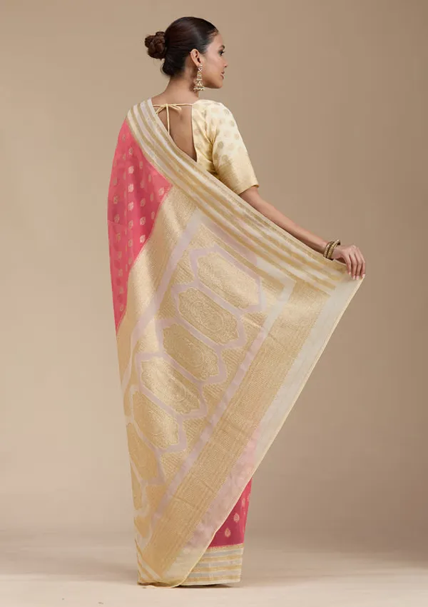 Peach_Georgette_Buti_Gold_Zariwork_Saree_With_Matching_Blouse_Piece