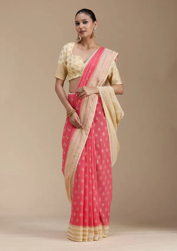 Peach_Georgette_Buti_Gold_Zariwork_Saree_With_Matching_Blouse_Piece