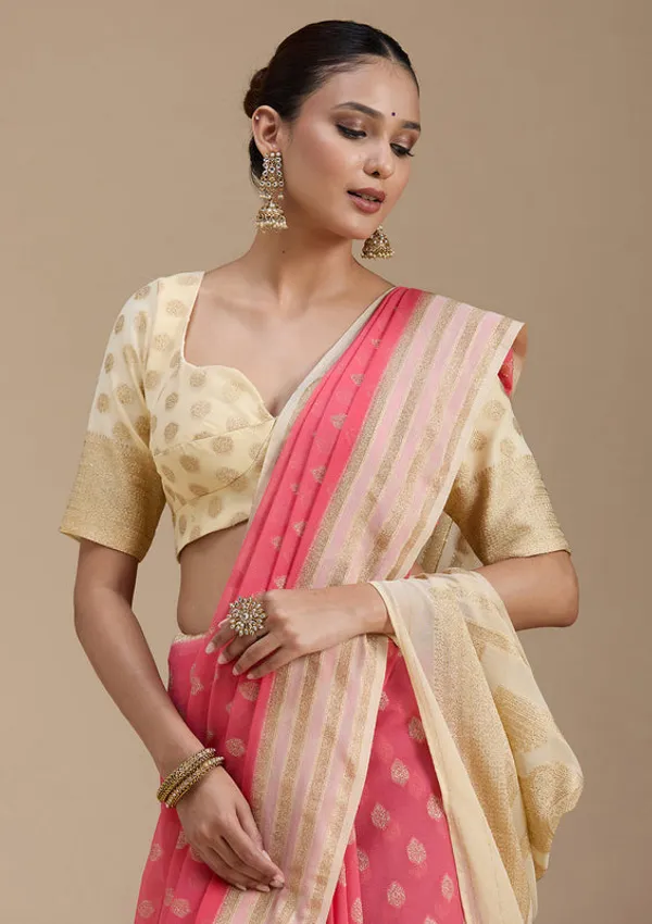 Peach_Georgette_Buti_Gold_Zariwork_Saree_With_Matching_Blouse_Piece