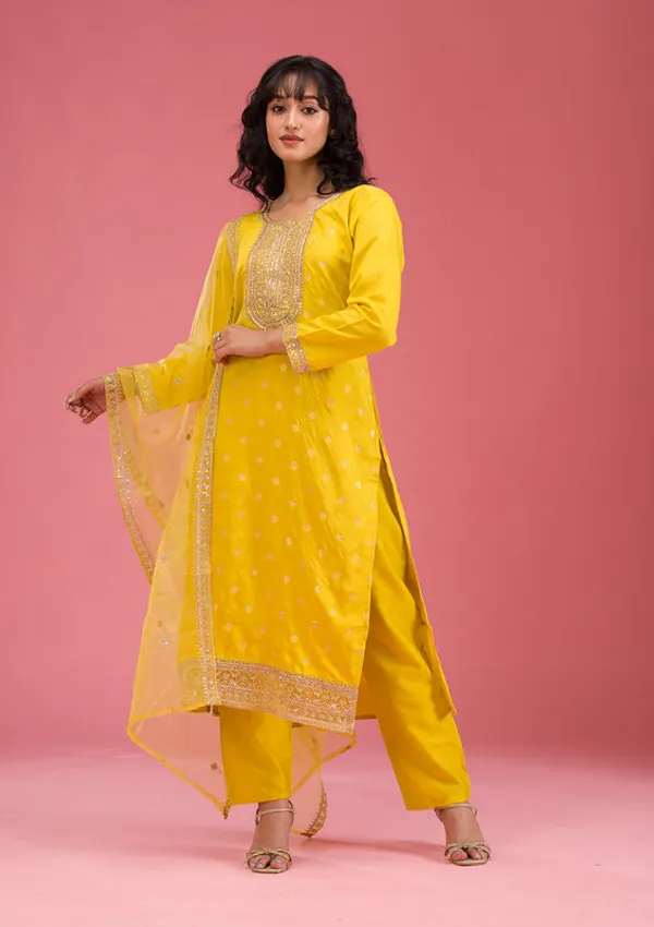 Yellow_Chanderi_Cording_Straight_Kurta_With_Regular_Pant_And_Dupatta