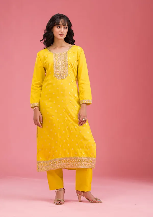 Yellow_Chanderi_Cording_Straight_Kurta_With_Regular_Pant_And_Dupatta