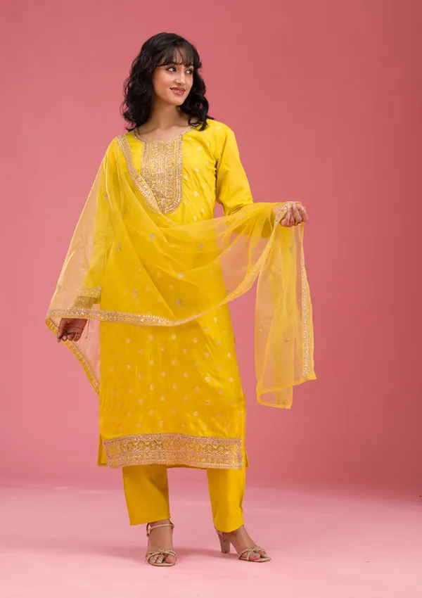 Yellow_Chanderi_Cording_Straight_Kurta_With_Regular_Pant_And_Dupatta