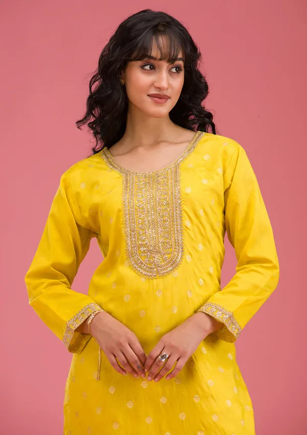 Yellow_Chanderi_Cording_Straight_Kurta_With_Regular_Pant_And_Dupatta