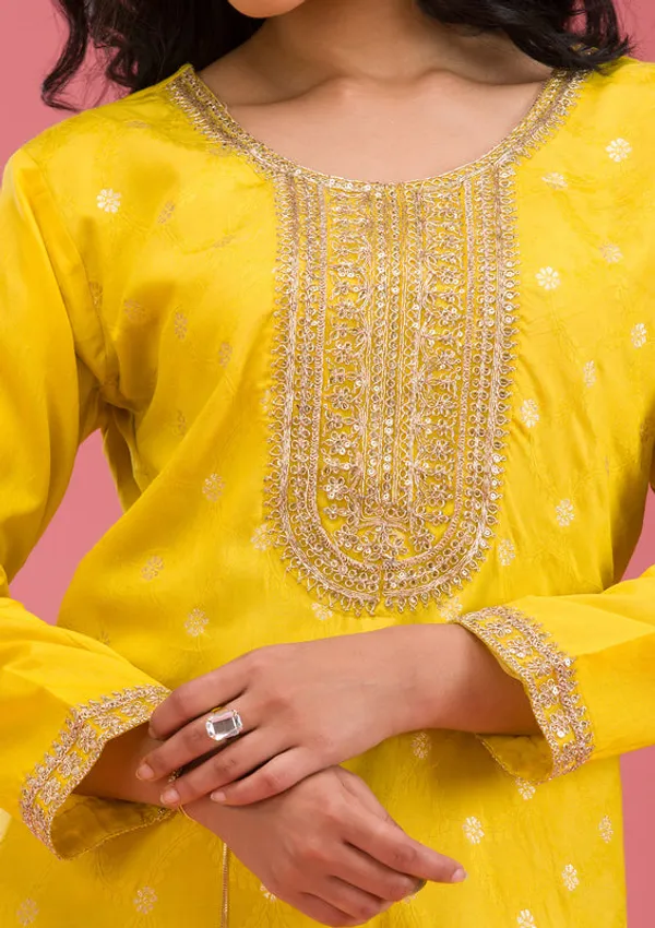 Yellow_Chanderi_Cording_Straight_Kurta_With_Regular_Pant_And_Dupatta