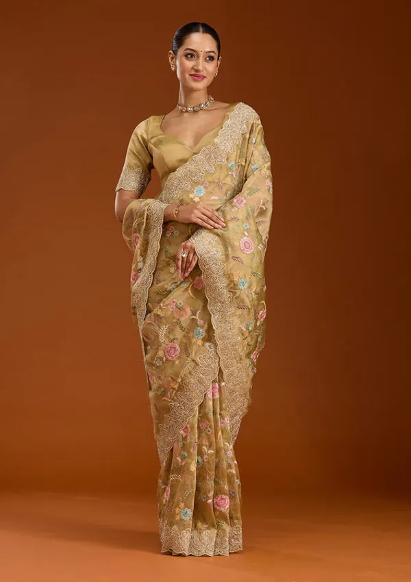 Mehendi_Tissue_Cording_Saree_With_Matching_Blouse_Piece