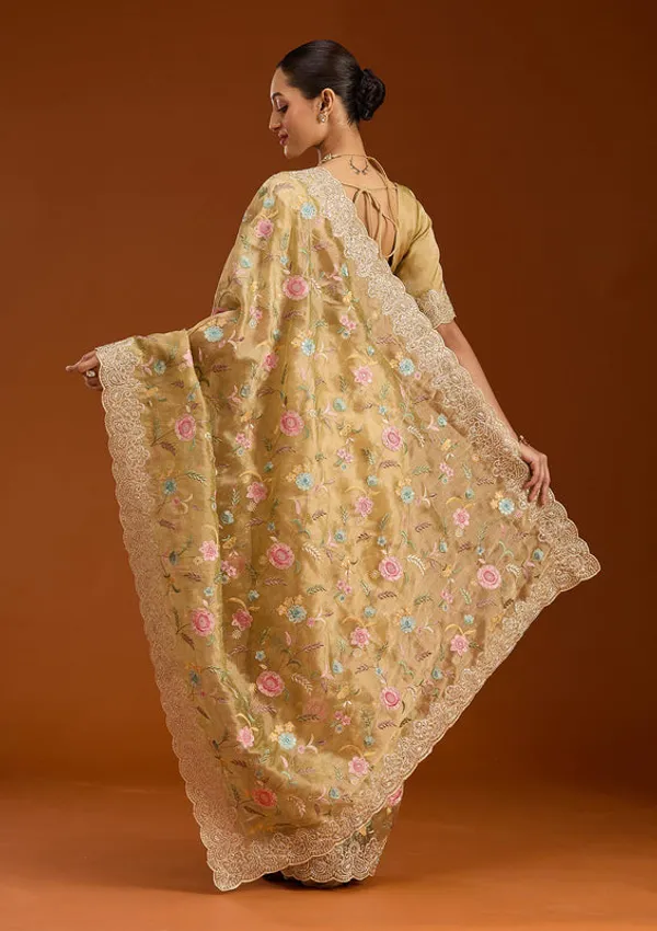 Mehendi_Tissue_Cording_Saree_With_Matching_Blouse_Piece