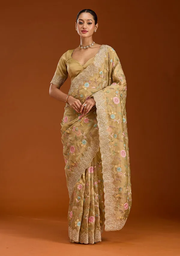 Mehendi_Tissue_Cording_Saree_With_Matching_Blouse_Piece