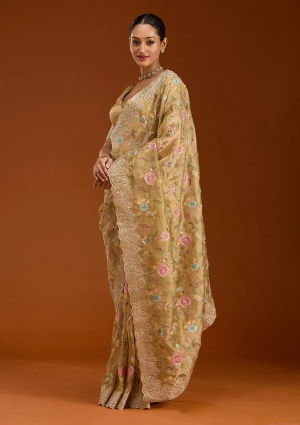 Mehendi_Tissue_Cording_Saree_With_Matching_Blouse_Piece