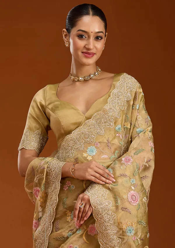 Mehendi_Tissue_Cording_Saree_With_Matching_Blouse_Piece