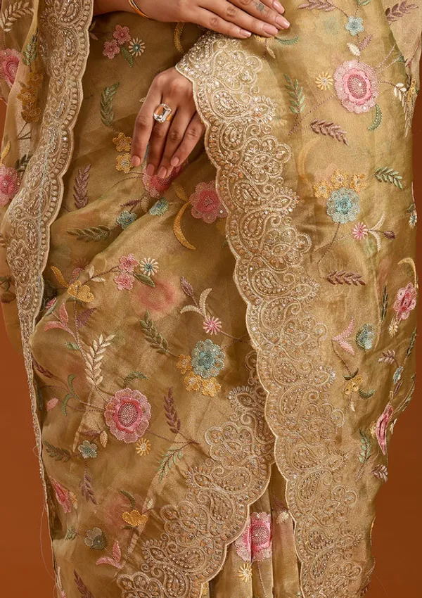 Mehendi_Tissue_Cording_Saree_With_Matching_Blouse_Piece