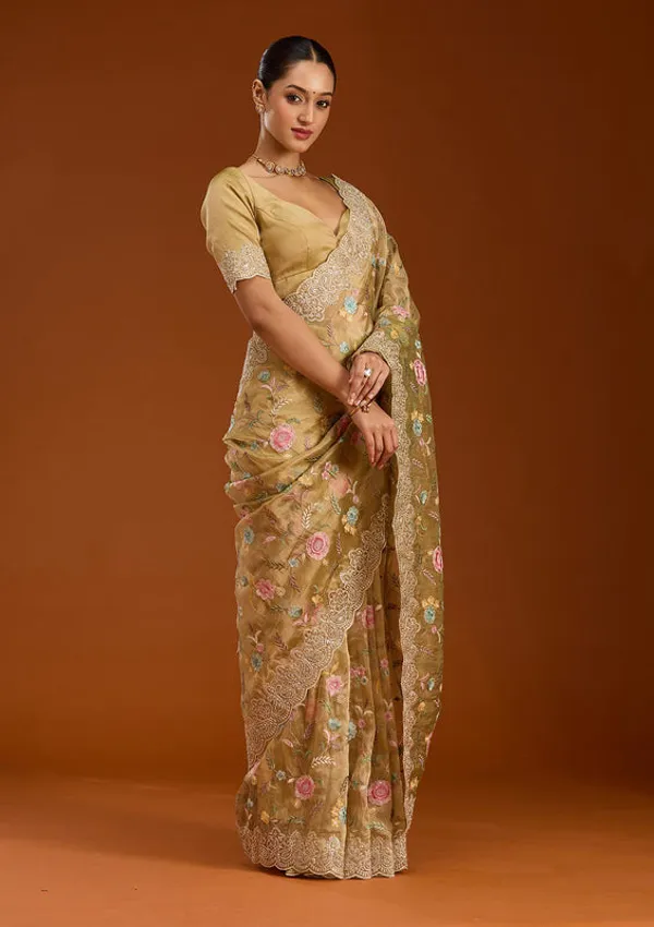 Mehendi_Tissue_Cording_Saree_With_Matching_Blouse_Piece