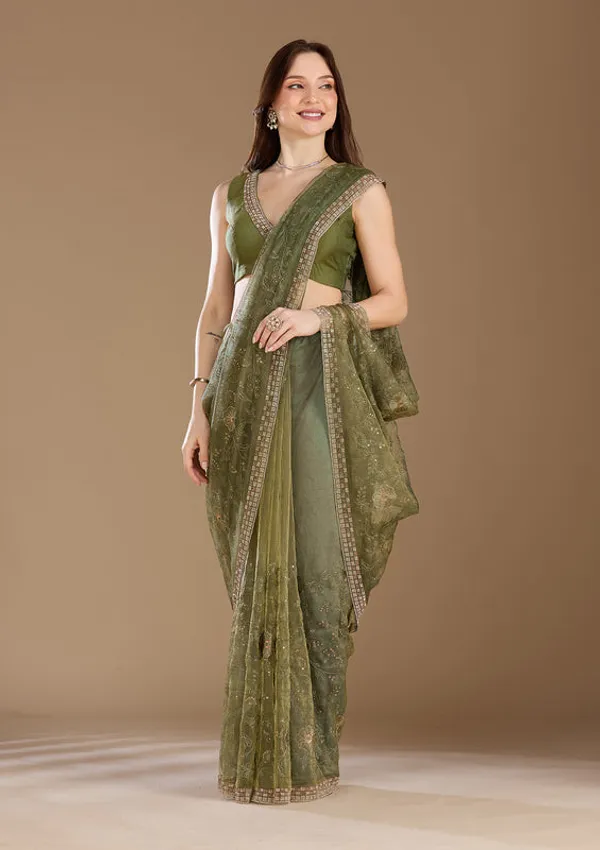 Mehendi_Tissue_Threadwork_Saree_With_Matching_Blouse_Piece