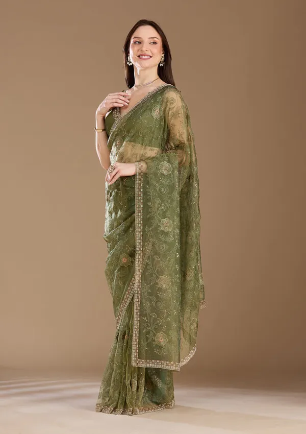Mehendi_Tissue_Threadwork_Saree_With_Matching_Blouse_Piece