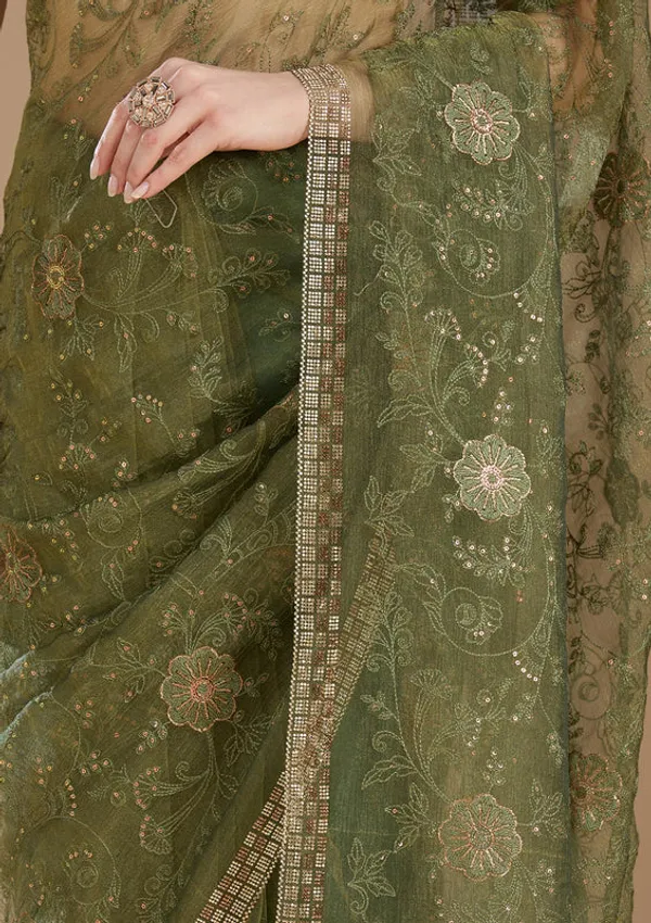 Mehendi_Tissue_Threadwork_Saree_With_Matching_Blouse_Piece