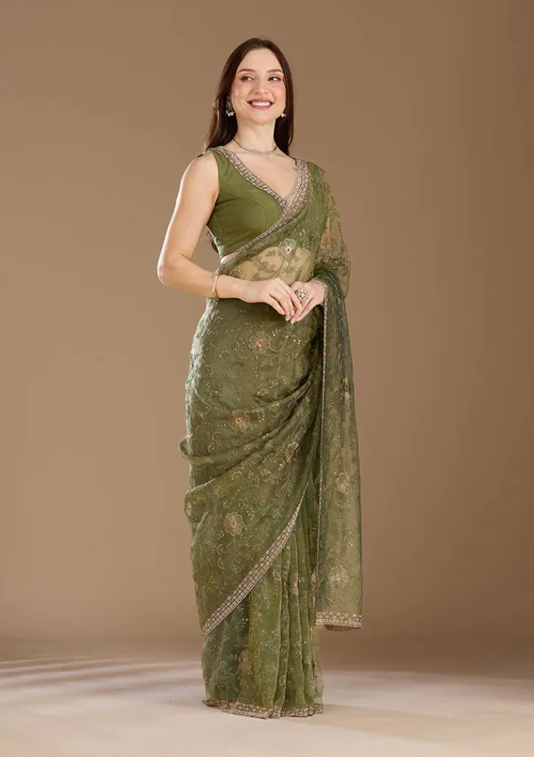 Mehendi_Tissue_Threadwork_Saree_With_Matching_Blouse_Piece