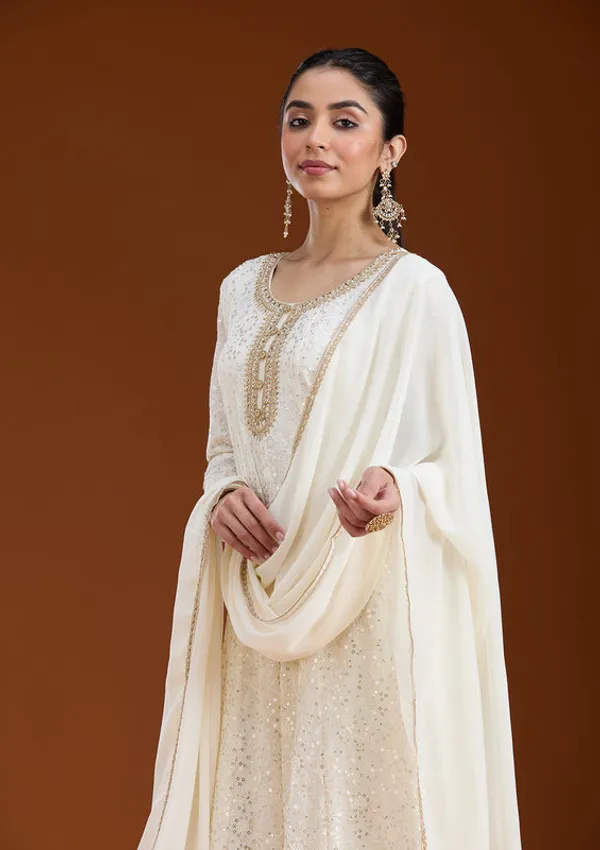 White_Georgette_Chikankari_Anarkali_Kurta_With_Regular_Pant_And_Dupatta