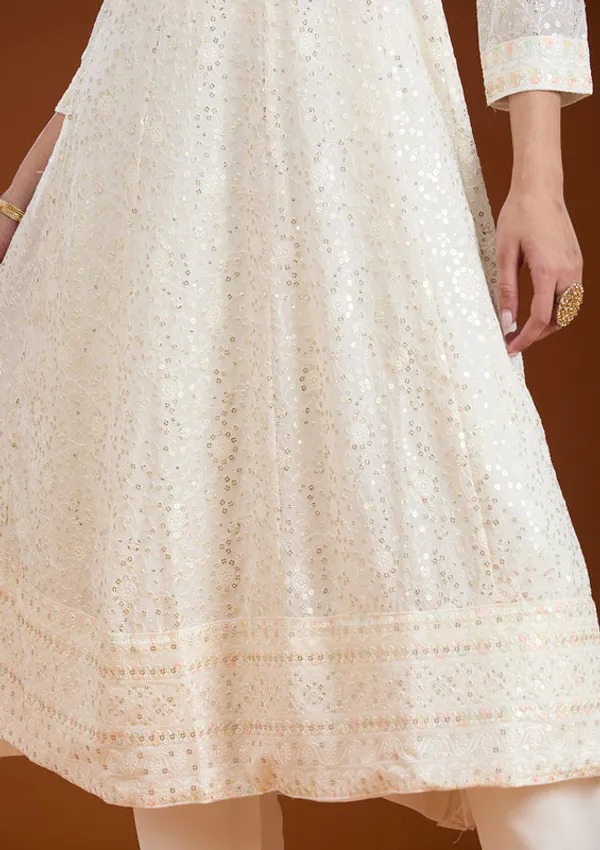 White_Georgette_Chikankari_Anarkali_Kurta_With_Regular_Pant_And_Dupatta