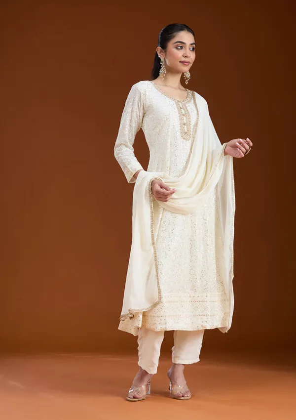 White_Georgette_Chikankari_Anarkali_Kurta_With_Regular_Pant_And_Dupatta