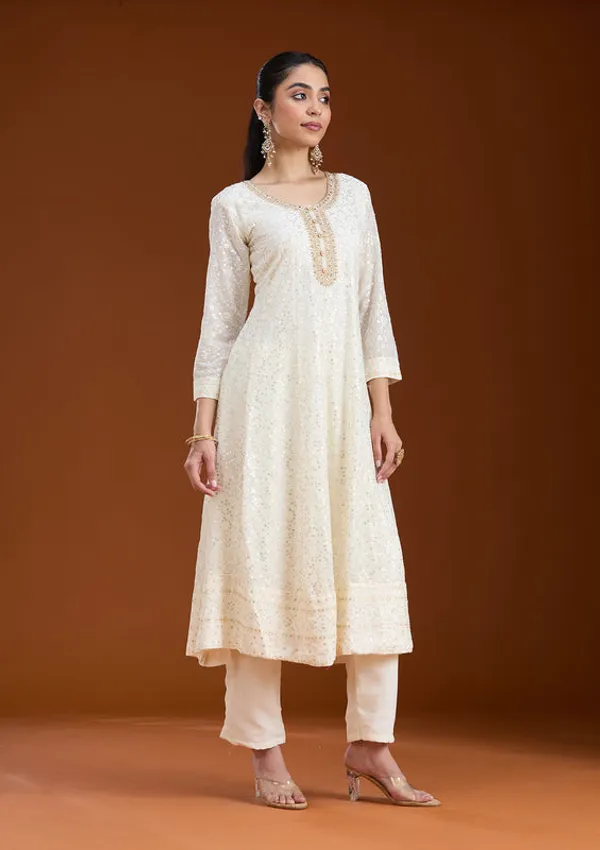 White_Georgette_Chikankari_Anarkali_Kurta_With_Regular_Pant_And_Dupatta