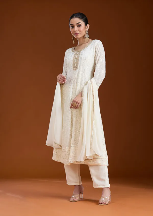 White_Georgette_Chikankari_Anarkali_Kurta_With_Regular_Pant_And_Dupatta