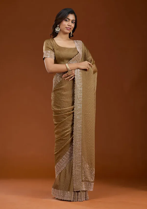 Brown_Georgette_Gold_Zariwork_Saree_With_Matching_Blouse_Piece