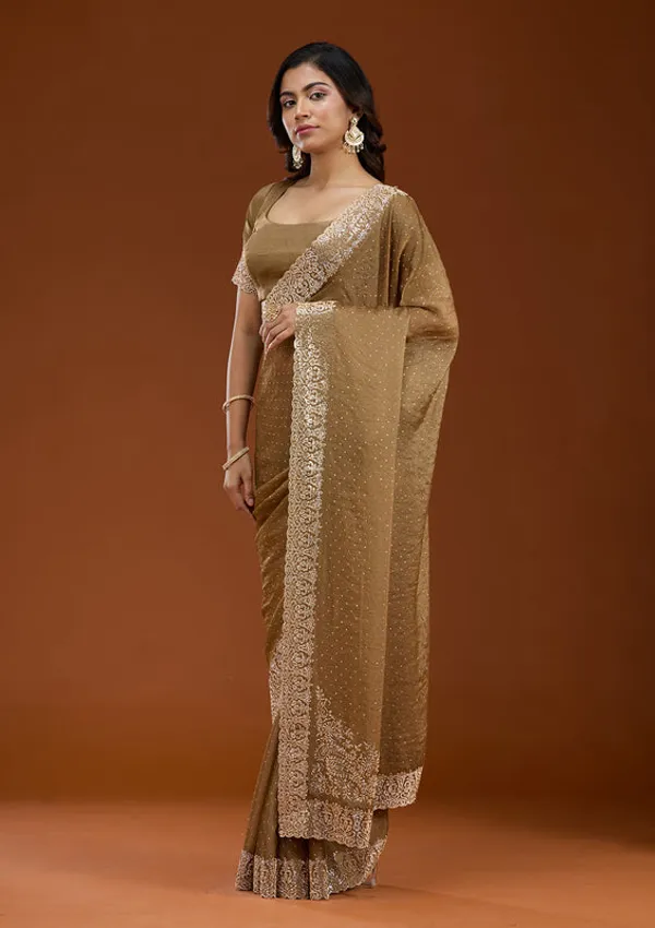 Brown_Georgette_Gold_Zariwork_Saree_With_Matching_Blouse_Piece