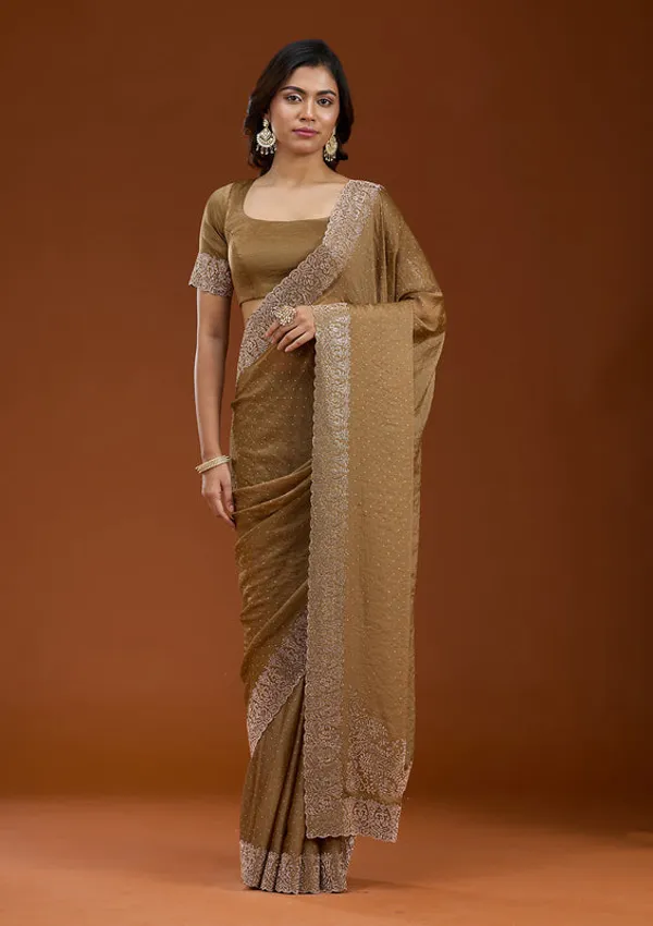 Brown_Georgette_Gold_Zariwork_Saree_With_Matching_Blouse_Piece