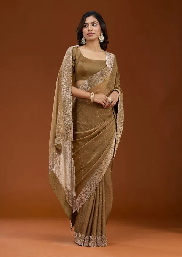 Brown_Georgette_Gold_Zariwork_Saree_With_Matching_Blouse_Piece