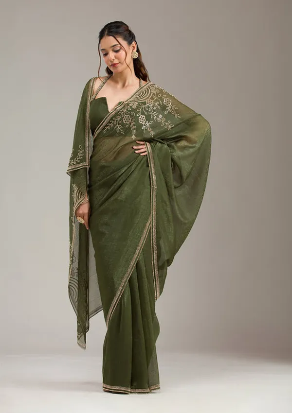 Mehendi_Tissue_Gold_Stonework_Saree_With_Matching_Blouse_Piece