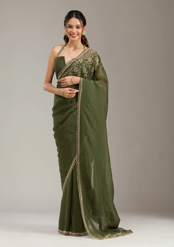 Mehendi_Tissue_Gold_Stonework_Saree_With_Matching_Blouse_Piece