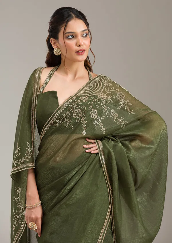 Mehendi_Tissue_Gold_Stonework_Saree_With_Matching_Blouse_Piece