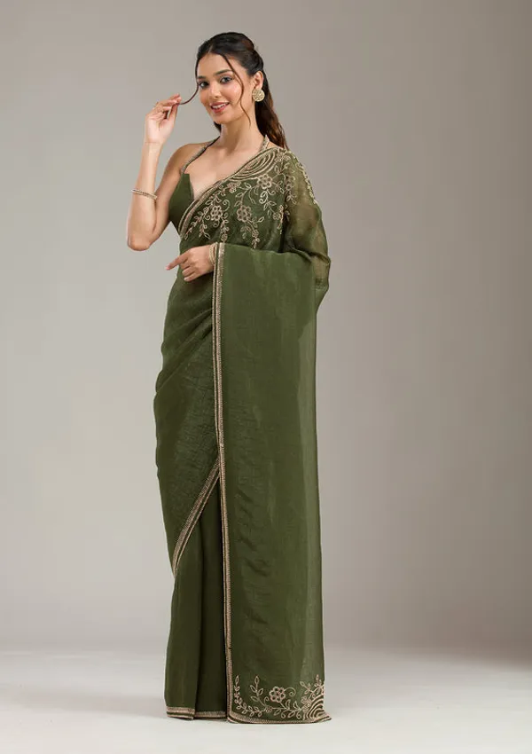 Mehendi_Tissue_Gold_Stonework_Saree_With_Matching_Blouse_Piece