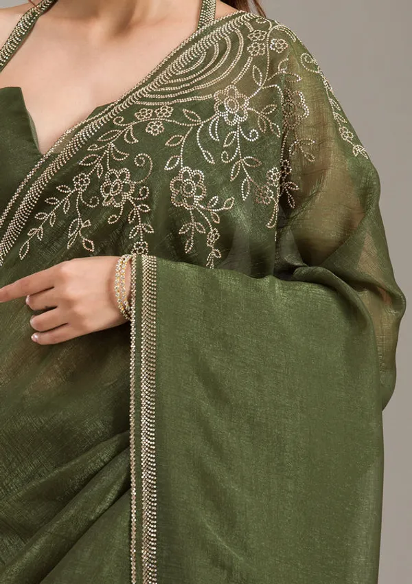 Mehendi_Tissue_Gold_Stonework_Saree_With_Matching_Blouse_Piece