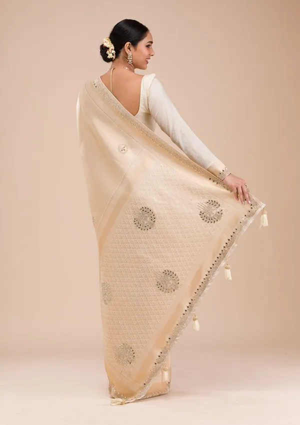 Beige_Silk_Jaal_Gold_Stonework_Saree_With_Matching_Blouse_Piece