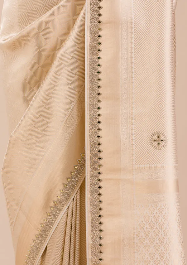 Beige_Silk_Jaal_Gold_Stonework_Saree_With_Matching_Blouse_Piece