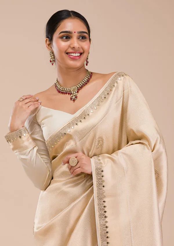 Beige_Silk_Jaal_Gold_Stonework_Saree_With_Matching_Blouse_Piece