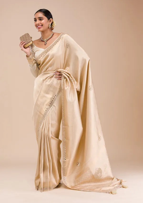 Beige_Silk_Jaal_Gold_Stonework_Saree_With_Matching_Blouse_Piece